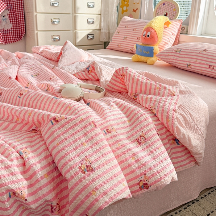 91家纺网 家纺一手货源 找家纺 小桃姐家纺 2026新款泡芙棉双层纱夏被空调被四件套小清新泡泡纱夏被卡通夏凉被空调被 粉色星星