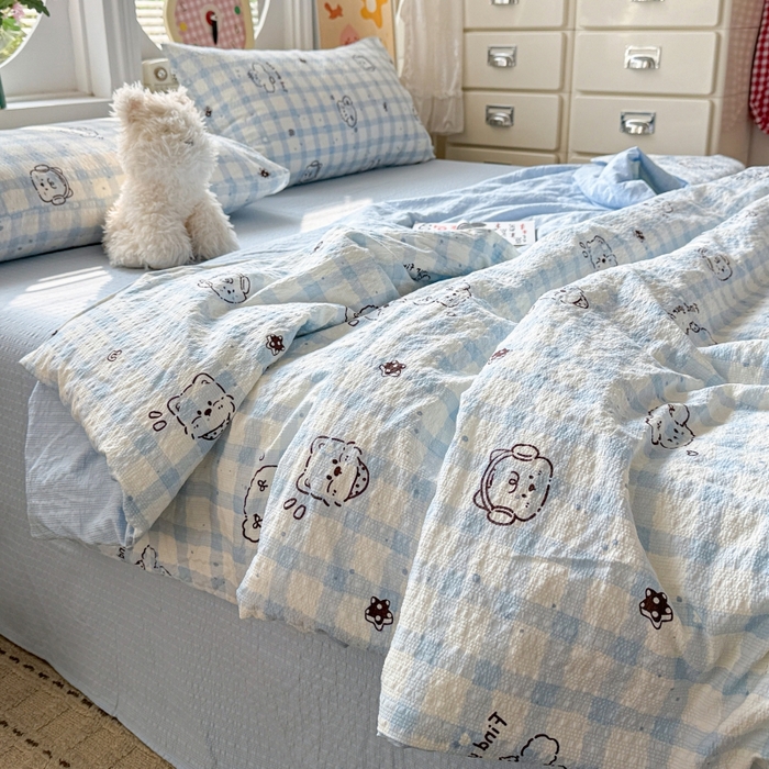 91家纺网 家纺一手货源 找家纺 小桃姐家纺 2026新款泡芙棉双层纱夏被空调被四件套小清新泡泡纱夏被卡通夏凉被空调被 修狗狗