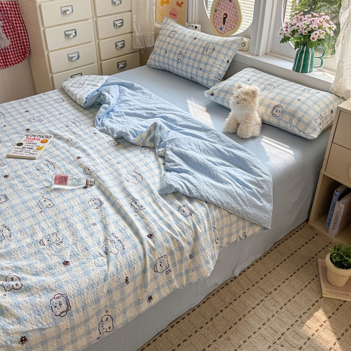 91家纺网 家纺一手货源 找家纺 小桃姐家纺 2026新款泡芙棉双层纱夏被空调被四件套小清新泡泡纱夏被卡通夏凉被空调被 修狗狗