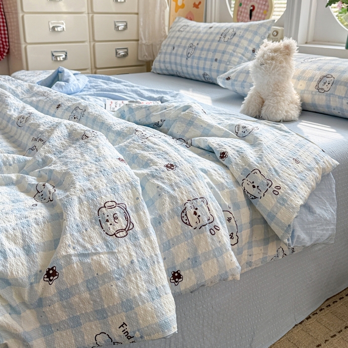 91家纺网 家纺一手货源 找家纺 小桃姐家纺 2026新款泡芙棉双层纱夏被空调被四件套小清新泡泡纱夏被卡通夏凉被空调被 修狗狗