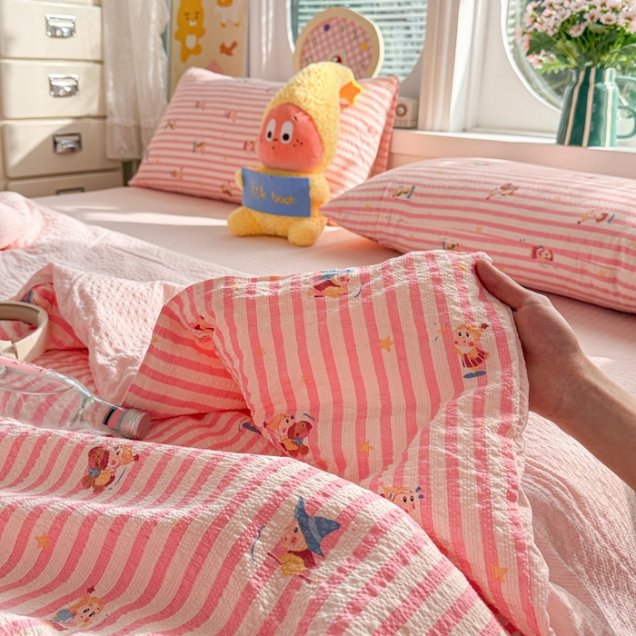 91家纺网 家纺一手货源 找家纺 小桃姐家纺 2026新款泡芙棉双层纱夏被空调被四件套小清新泡泡纱夏被卡通夏凉被空调被 粉色星星