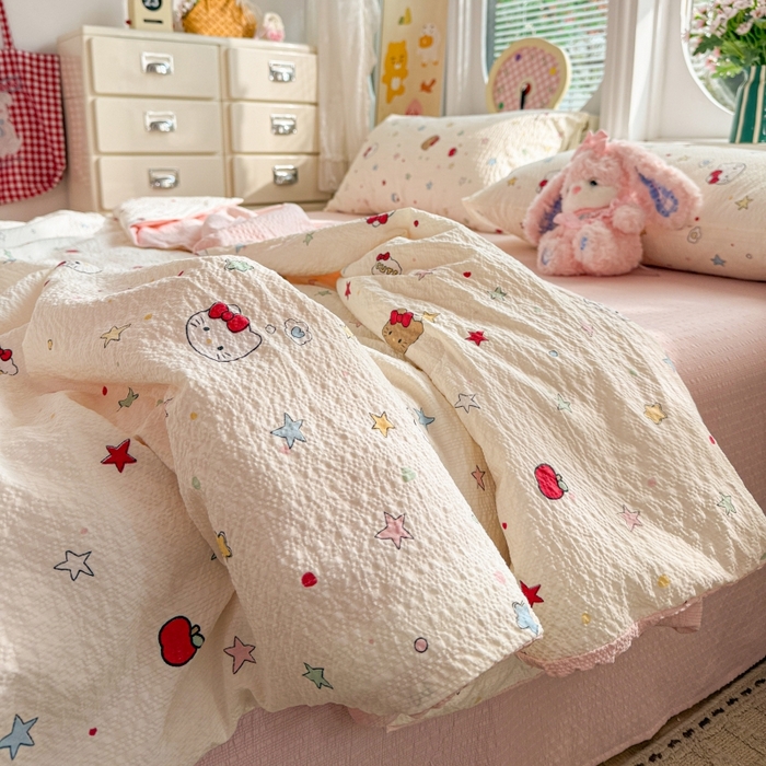 91家纺网 家纺一手货源 找家纺 小桃姐家纺 2026新款泡芙棉双层纱夏被空调被四件套小清新泡泡纱夏被卡通夏凉被空调被 幸运kitty