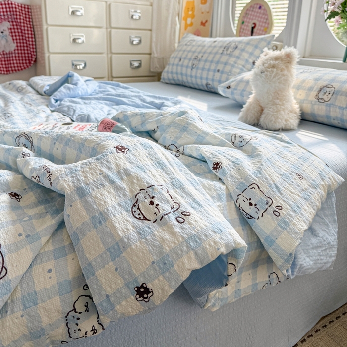91家纺网 家纺一手货源 找家纺 小桃姐家纺 2026新款泡芙棉双层纱夏被空调被四件套小清新泡泡纱夏被卡通夏凉被空调被 修狗狗