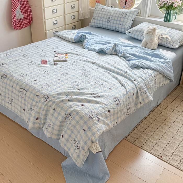 91家纺网 家纺一手货源 找家纺 小桃姐家纺 2026新款泡芙棉双层纱夏被空调被四件套小清新泡泡纱夏被卡通夏凉被空调被 修狗狗