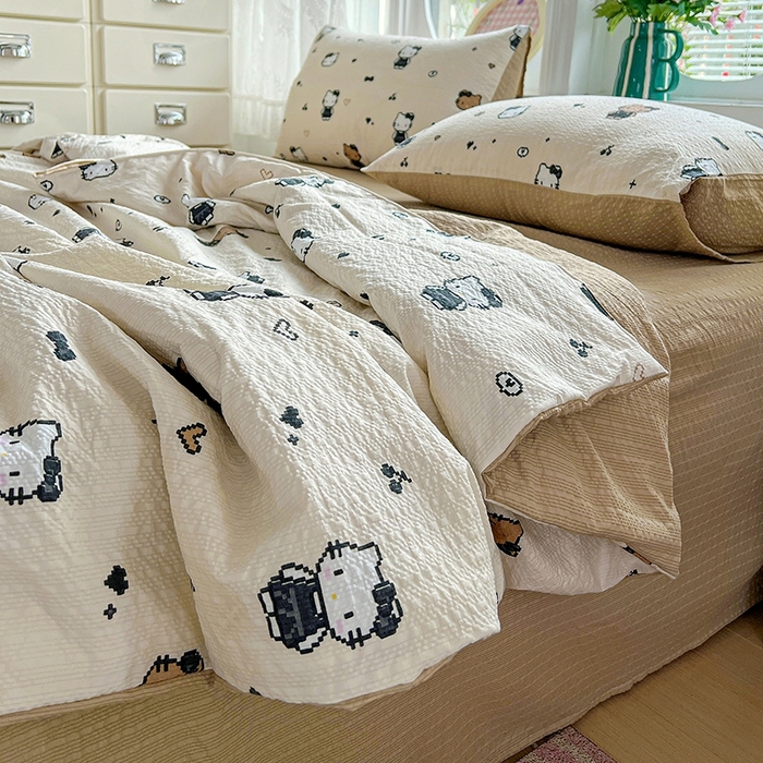 91家纺网 家纺一手货源 找家纺 小桃姐家纺 2026新款泡芙棉双层纱夏被空调被四件套小清新泡泡纱夏被卡通夏凉被空调被 拼豆喵