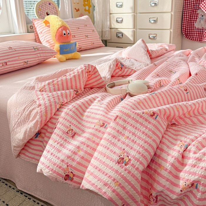 91家纺网 家纺一手货源 找家纺 小桃姐家纺 2026新款泡芙棉双层纱夏被空调被四件套小清新泡泡纱夏被卡通夏凉被空调被 粉色星星