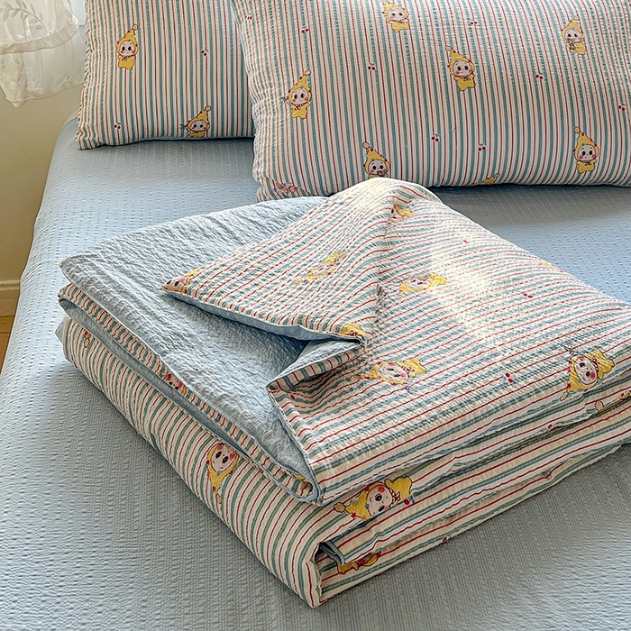91家纺网 家纺一手货源 找家纺 小桃姐家纺 2026新款泡芙棉双层纱夏被空调被四件套小清新泡泡纱夏被卡通夏凉被空调被 线条星星