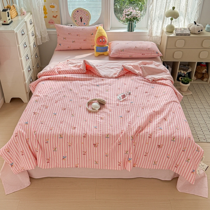 91家纺网 家纺一手货源 找家纺 小桃姐家纺 2026新款泡芙棉双层纱夏被空调被四件套小清新泡泡纱夏被卡通夏凉被空调被 粉色星星