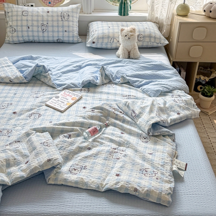 91家纺网 家纺一手货源 找家纺 小桃姐家纺 2026新款泡芙棉双层纱夏被空调被四件套小清新泡泡纱夏被卡通夏凉被空调被 修狗狗