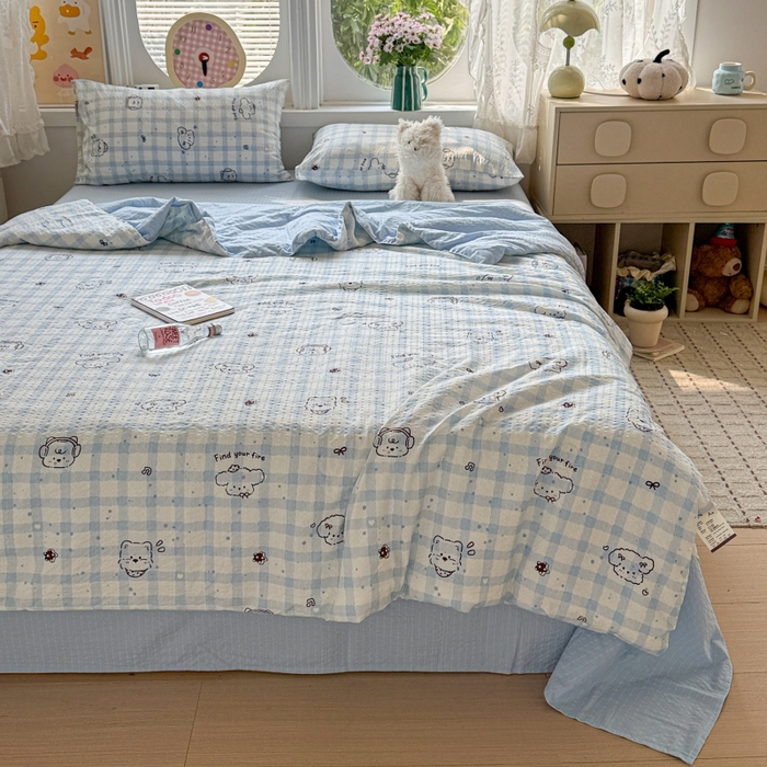 91家纺网 家纺一手货源 找家纺 小桃姐家纺 2026新款泡芙棉双层纱夏被空调被四件套小清新泡泡纱夏被卡通夏凉被空调被 修狗狗
