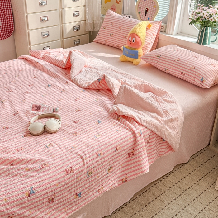 91家纺网 家纺一手货源 找家纺 小桃姐家纺 2026新款泡芙棉双层纱夏被空调被四件套小清新泡泡纱夏被卡通夏凉被空调被 粉色星星