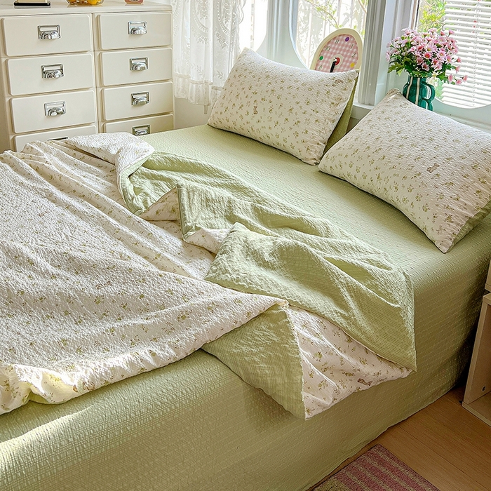 91家纺网 家纺一手货源 找家纺 小桃姐家纺 2026新款泡芙棉双层纱夏被空调被四件套小清新泡泡纱夏被卡通夏凉被空调被 绿茵兔