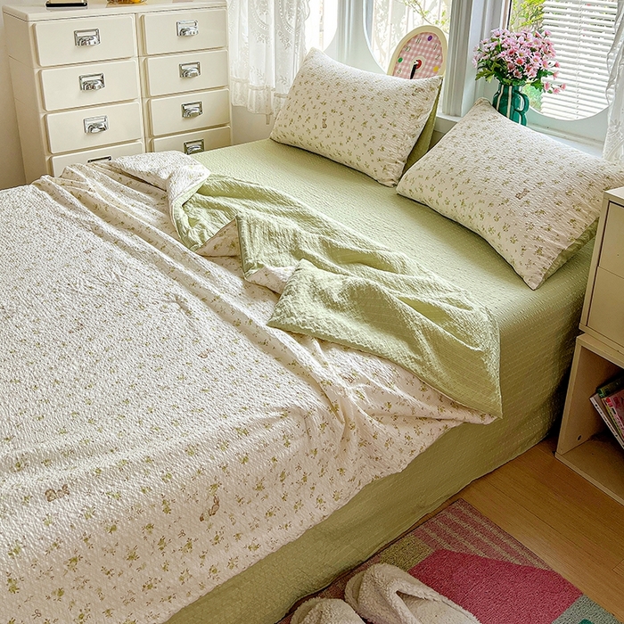 91家纺网 家纺一手货源 找家纺 小桃姐家纺 2026新款泡芙棉双层纱夏被空调被四件套小清新泡泡纱夏被卡通夏凉被空调被 绿茵兔