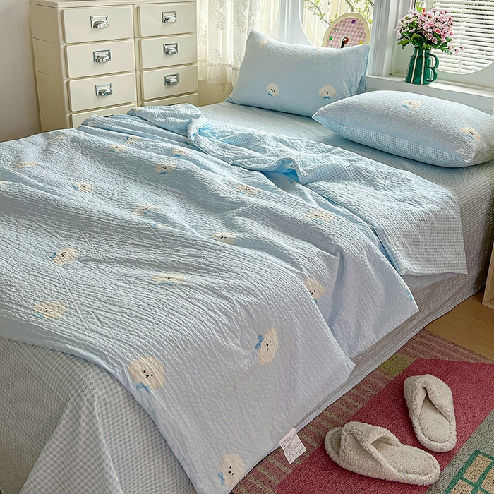 91家纺网 家纺一手货源 找家纺 小桃姐家纺 2026新款泡芙棉双层纱夏被空调被四件套小清新泡泡纱夏被卡通夏凉被空调被 软萌小狗