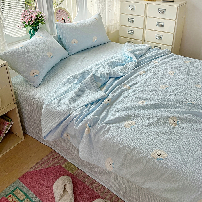 91家纺网 家纺一手货源 找家纺 小桃姐家纺 2026新款泡芙棉双层纱夏被空调被四件套小清新泡泡纱夏被卡通夏凉被空调被 软萌小狗