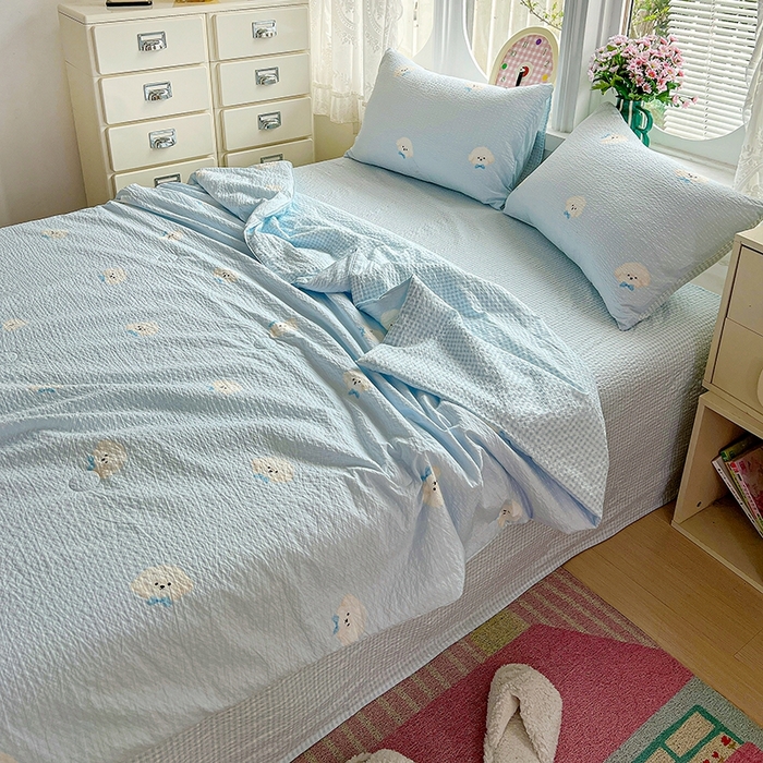 91家纺网 家纺一手货源 找家纺 小桃姐家纺 2026新款泡芙棉双层纱夏被空调被四件套小清新泡泡纱夏被卡通夏凉被空调被 软萌小狗