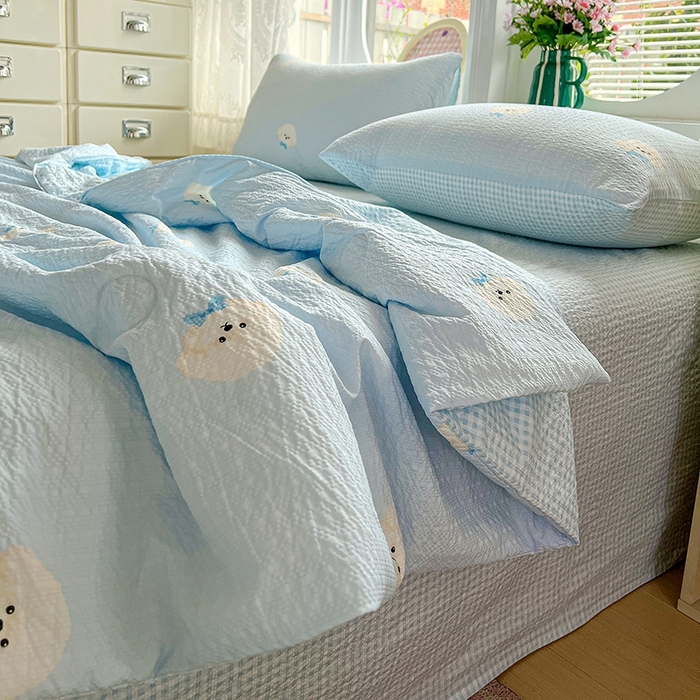 91家纺网 家纺一手货源 找家纺 小桃姐家纺 2026新款泡芙棉双层纱夏被空调被四件套小清新泡泡纱夏被卡通夏凉被空调被 软萌小狗