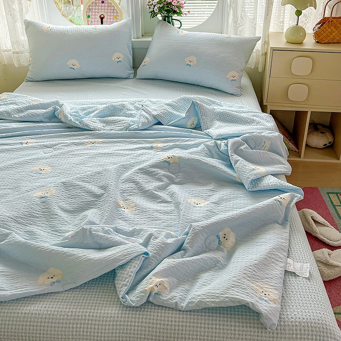 91家纺网 家纺一手货源 找家纺 小桃姐家纺 2026新款泡芙棉双层纱夏被空调被四件套小清新泡泡纱夏被卡通夏凉被空调被 软萌小狗