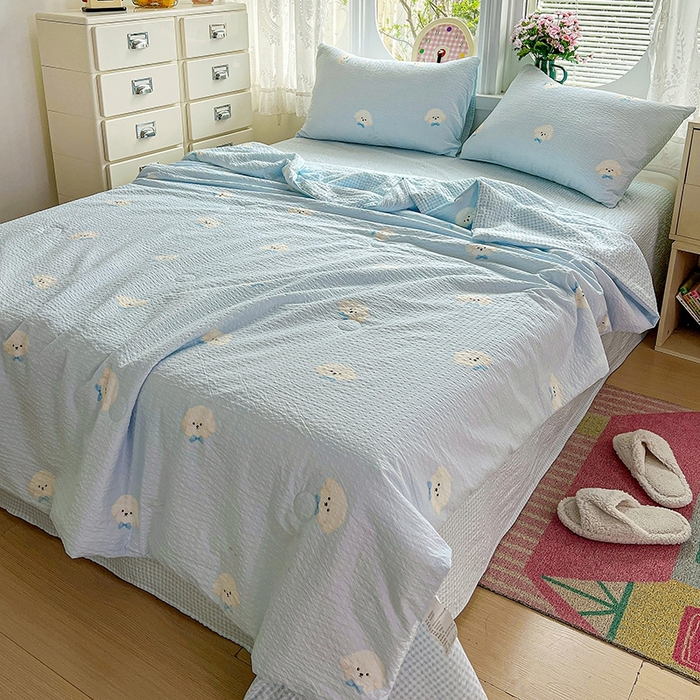 91家纺网 家纺一手货源 找家纺 小桃姐家纺 2026新款泡芙棉双层纱夏被空调被四件套小清新泡泡纱夏被卡通夏凉被空调被 软萌小狗