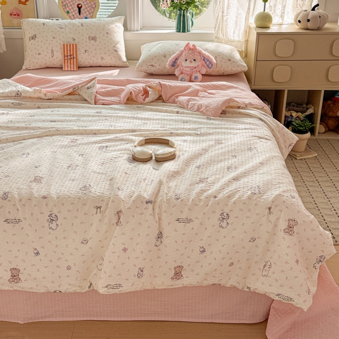 91家纺网 家纺一手货源 找家纺 小桃姐家纺 2026新款泡芙棉双层纱夏被空调被四件套小清新泡泡纱夏被卡通夏凉被空调被 花仙兔