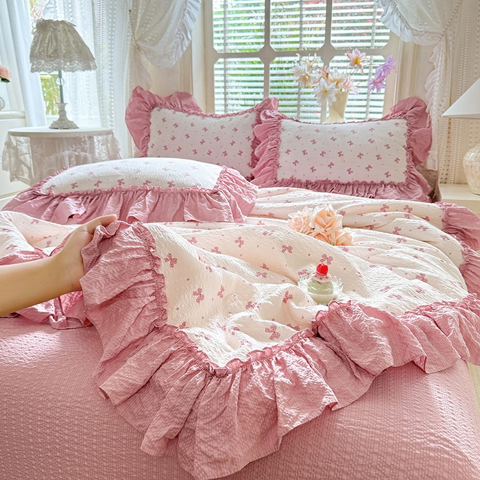 91家纺网 家纺一手货源 找家纺 韩约家纺 2026春夏新款泡芙棉床单款夏被夏凉被空调被四件套 蝶语