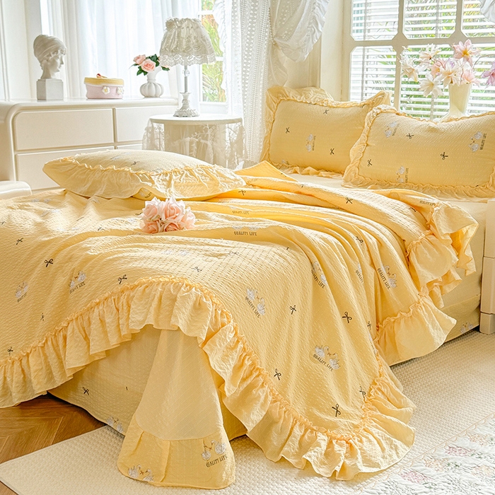 91家纺网 家纺一手货源 找家纺 韩约家纺 2026春夏新款泡芙棉床单款夏被夏凉被空调被四件套 妮可