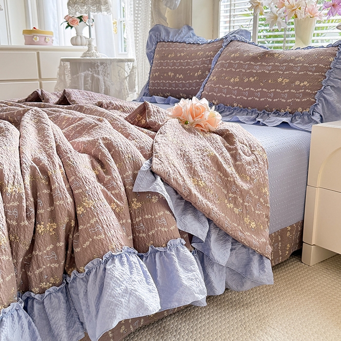 91家纺网 家纺一手货源 找家纺 韩约家纺 2026春夏新款泡芙棉床单款夏被夏凉被空调被四件套 木槿