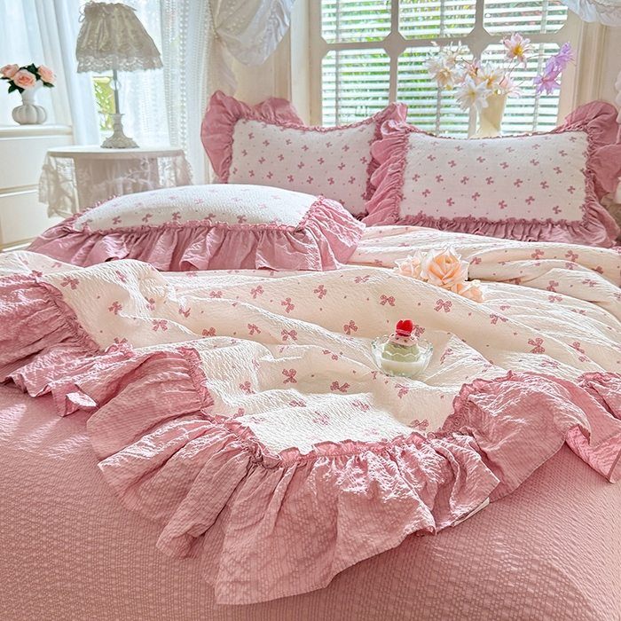 91家纺网 家纺一手货源 找家纺 韩约家纺 2026春夏新款泡芙棉床单款夏被夏凉被空调被四件套 蝶语