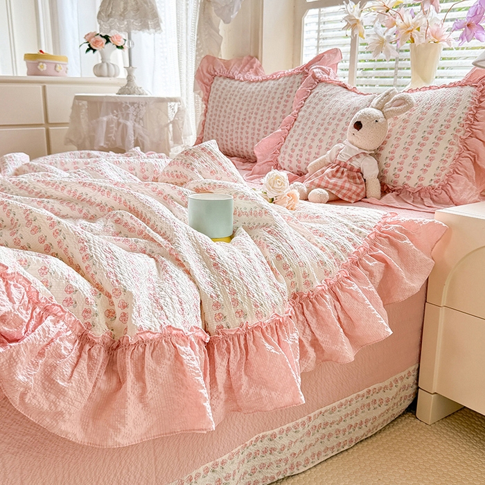 91家纺网 家纺一手货源 找家纺 韩约家纺 2026春夏新款泡芙棉床单款夏被夏凉被空调被四件套 花沐