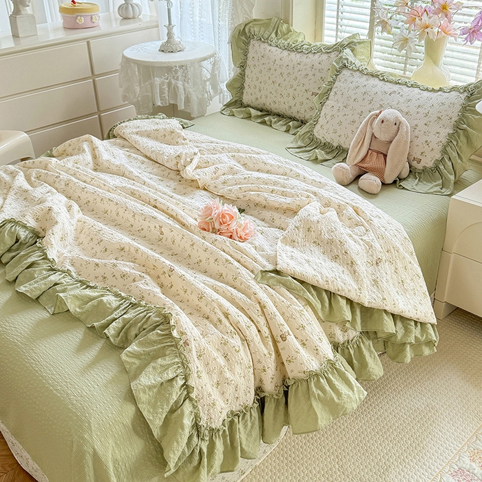 91家纺网 家纺一手货源 找家纺 韩约家纺 2026春夏新款泡芙棉床单款夏被夏凉被空调被四件套 绿意