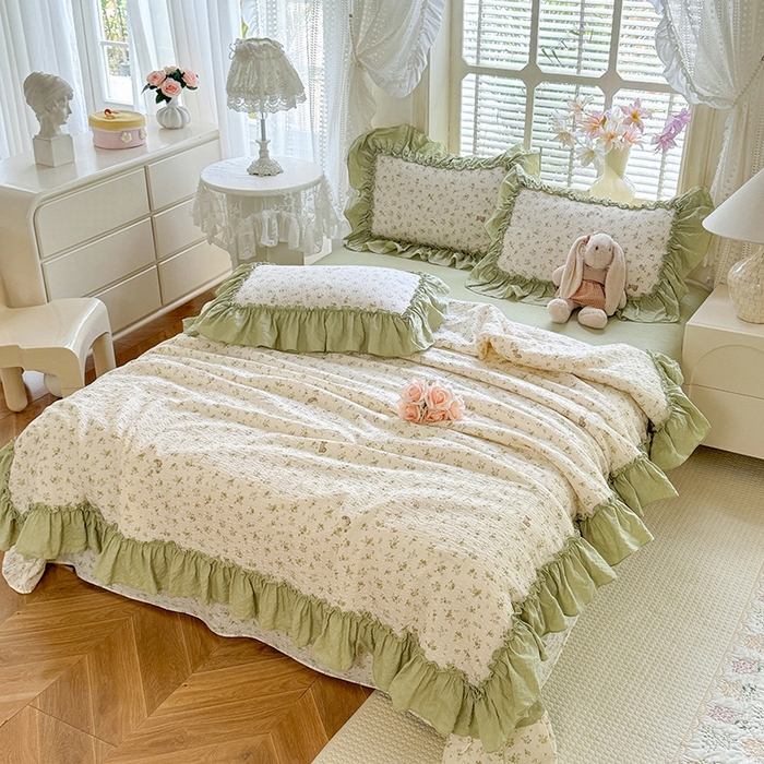 91家纺网 家纺一手货源 找家纺 韩约家纺 2026春夏新款泡芙棉床单款夏被夏凉被空调被四件套 绿意