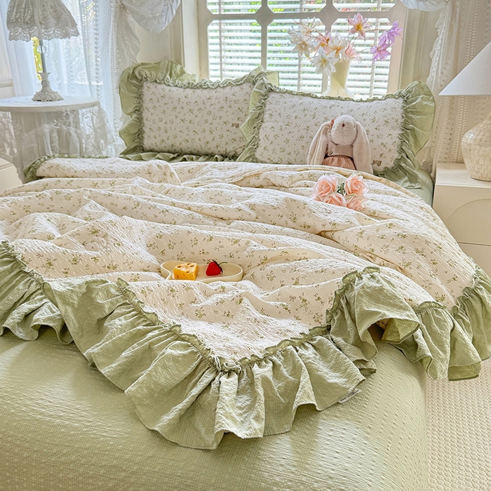 91家纺网 家纺一手货源 找家纺 韩约家纺 2026春夏新款泡芙棉床单款夏被夏凉被空调被四件套 绿意