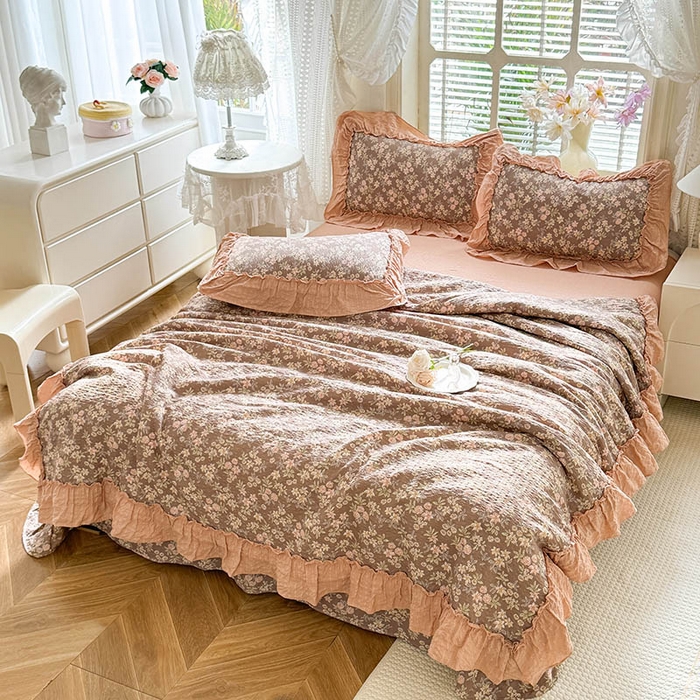 91家纺网 家纺一手货源 找家纺 韩约家纺 2026春夏新款泡芙棉床单款夏被夏凉被空调被四件套 繁花