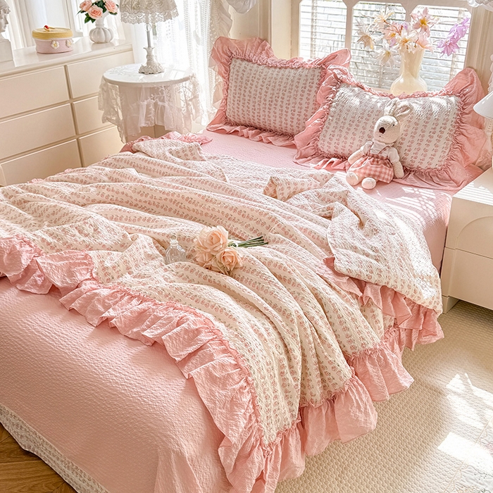 91家纺网 家纺一手货源 找家纺 韩约家纺 2026春夏新款泡芙棉床单款夏被夏凉被空调被四件套 花沐