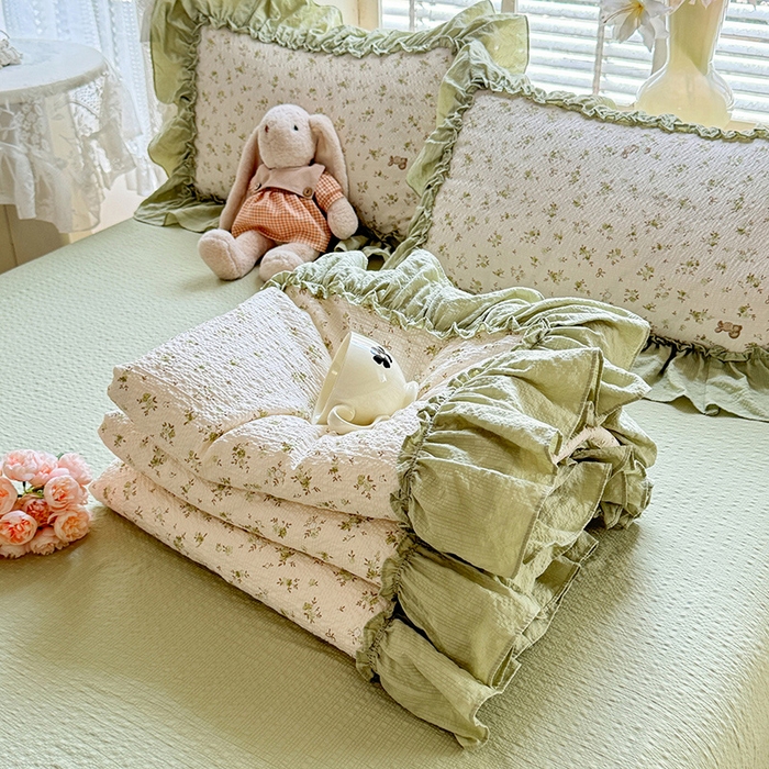 91家纺网 家纺一手货源 找家纺 韩约家纺 2026春夏新款泡芙棉床单款夏被夏凉被空调被四件套 绿意