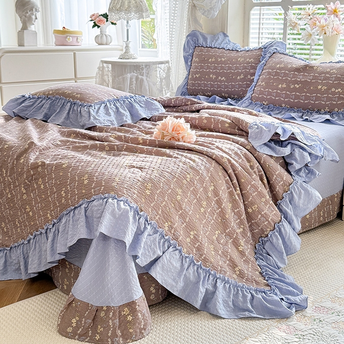 91家纺网 家纺一手货源 找家纺 韩约家纺 2026春夏新款泡芙棉床单款夏被夏凉被空调被四件套 木槿