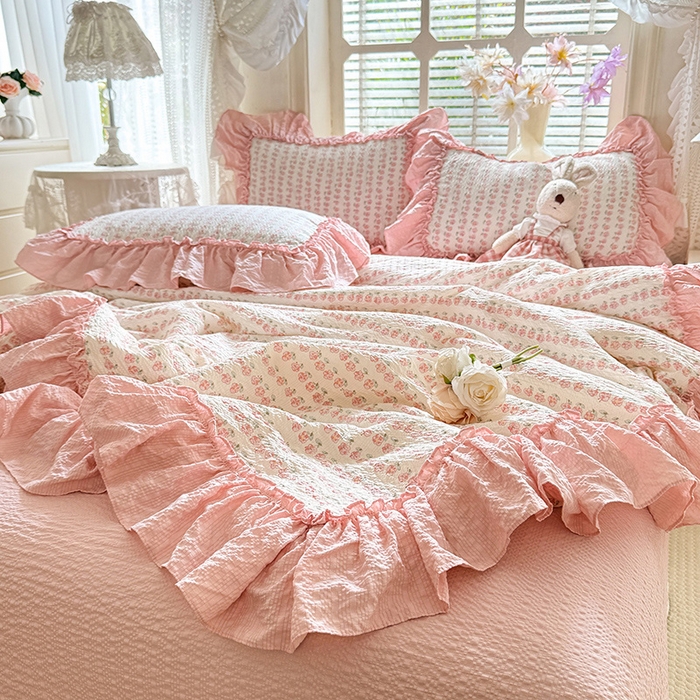 91家纺网 家纺一手货源 找家纺 韩约家纺 2026春夏新款泡芙棉床单款夏被夏凉被空调被四件套 花沐