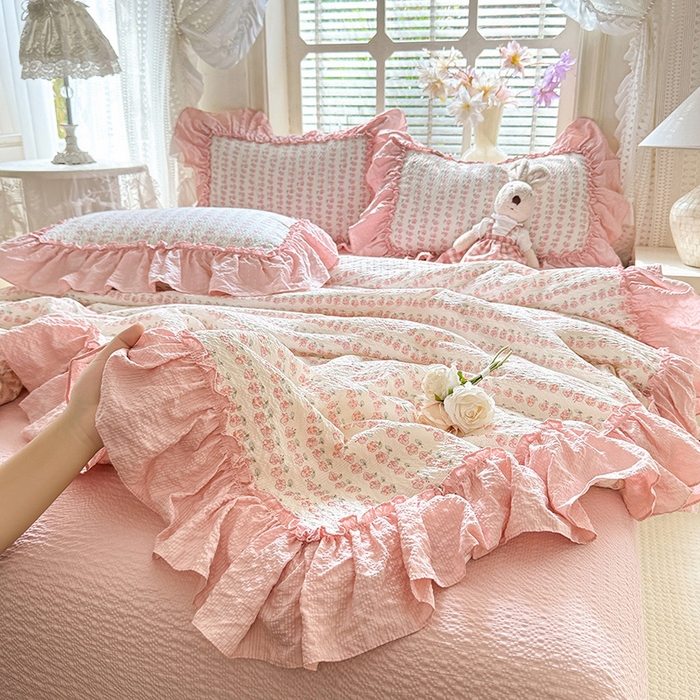 91家纺网 家纺一手货源 找家纺 韩约家纺 2026春夏新款泡芙棉床单款夏被夏凉被空调被四件套 花沐