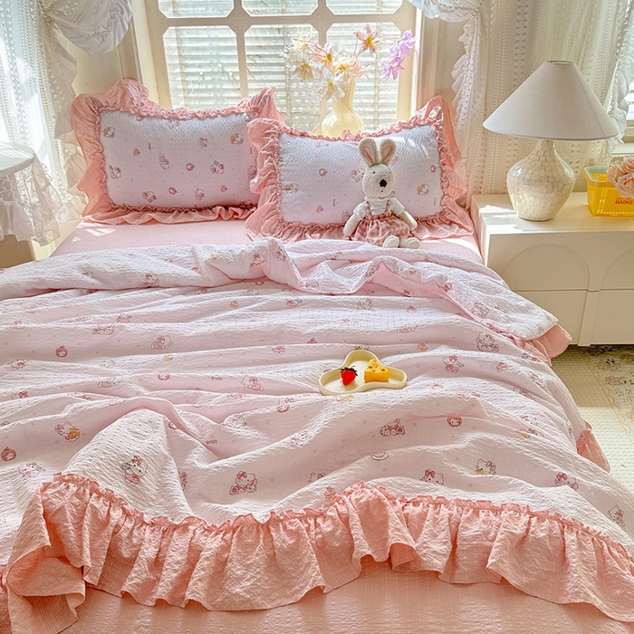 91家纺网 家纺一手货源 找家纺 韩约家纺 2026春夏新款泡芙棉床单款夏被夏凉被空调被四件套 宝贝甜心