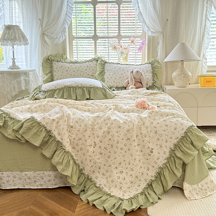 91家纺网 家纺一手货源 找家纺 韩约家纺 2026春夏新款泡芙棉床单款夏被夏凉被空调被四件套 绿意