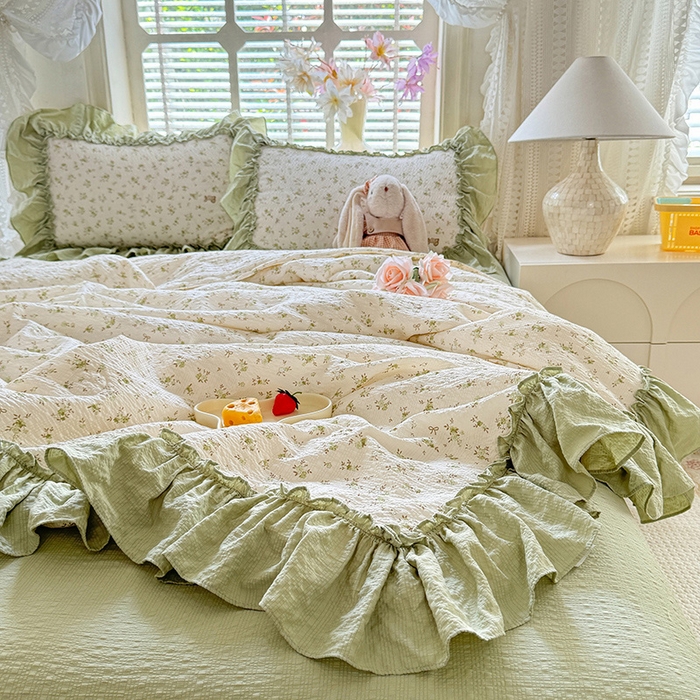 91家纺网 家纺一手货源 找家纺 韩约家纺 2026春夏新款泡芙棉床单款夏被夏凉被空调被四件套 绿意