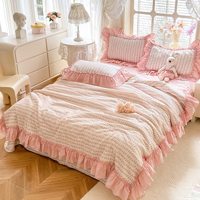 91家纺网 家纺一手货源 找家纺 韩约家纺 2026春夏新款泡芙棉床单款夏被夏凉被空调被四件套 花沐