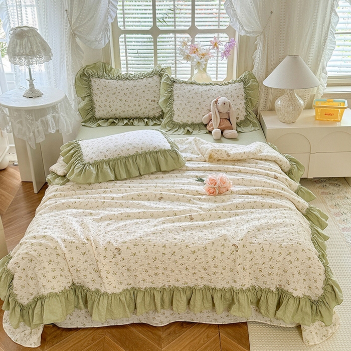 91家纺网 家纺一手货源 找家纺 韩约家纺 2026春夏新款泡芙棉床单款夏被夏凉被空调被四件套 绿意