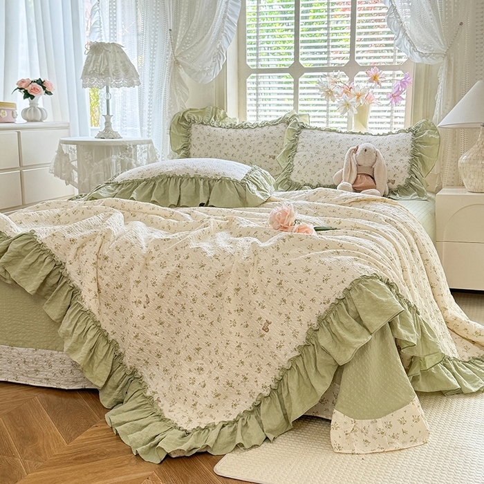 91家纺网 家纺一手货源 找家纺 韩约家纺 2026春夏新款泡芙棉床单款夏被夏凉被空调被四件套 绿意