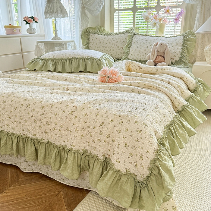 91家纺网 家纺一手货源 找家纺 韩约家纺 2026春夏新款泡芙棉床单款夏被夏凉被空调被四件套 绿意