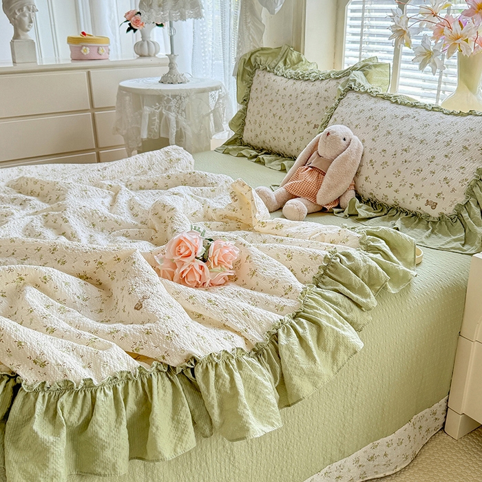 91家纺网 家纺一手货源 找家纺 韩约家纺 2026春夏新款泡芙棉床单款夏被夏凉被空调被四件套 绿意