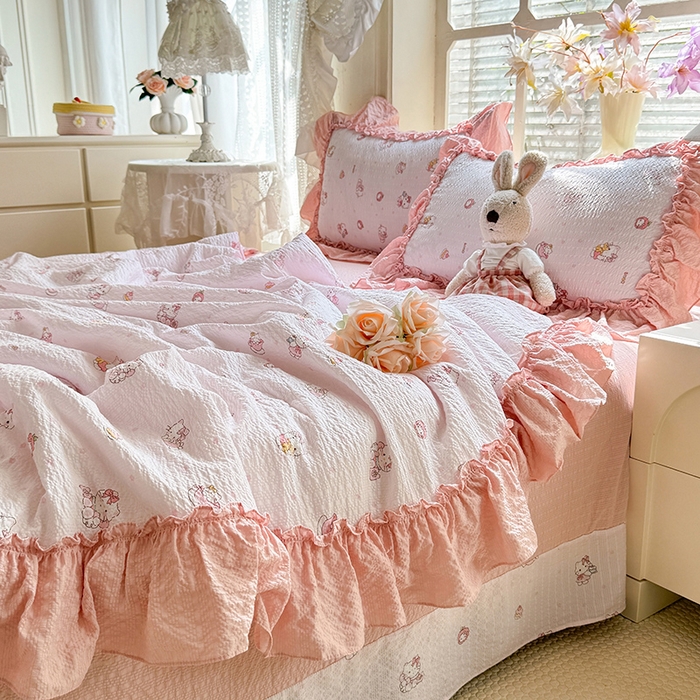 91家纺网 家纺一手货源 找家纺 韩约家纺 2026春夏新款泡芙棉床单款夏被夏凉被空调被四件套 宝贝甜心