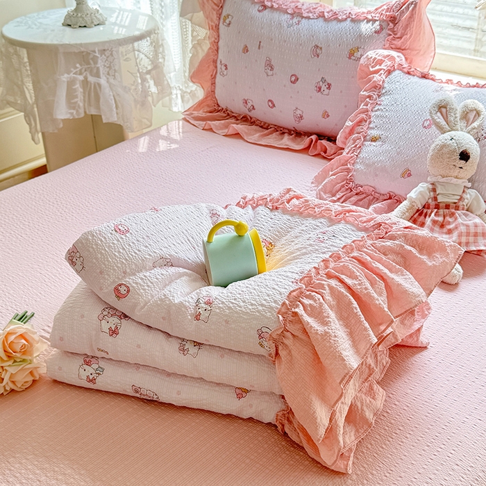 91家纺网 家纺一手货源 找家纺 韩约家纺 2026春夏新款泡芙棉床单款夏被夏凉被空调被四件套 宝贝甜心