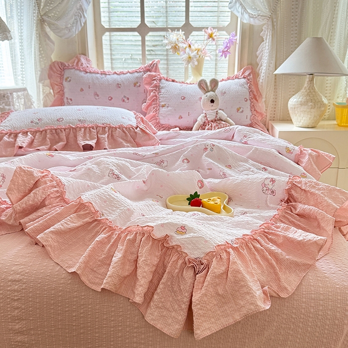 91家纺网 家纺一手货源 找家纺 韩约家纺 2026春夏新款泡芙棉床单款夏被夏凉被空调被四件套 宝贝甜心