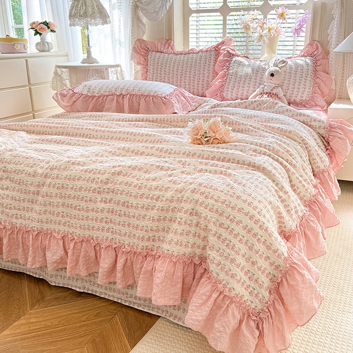 91家纺网 家纺一手货源 找家纺 韩约家纺 2026春夏新款泡芙棉床单款夏被夏凉被空调被四件套 花沐